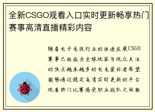 全新CSGO观看入口实时更新畅享热门赛事高清直播精彩内容 全新CSGO观看入口实时更新畅享热门赛事高清直播精彩内容
